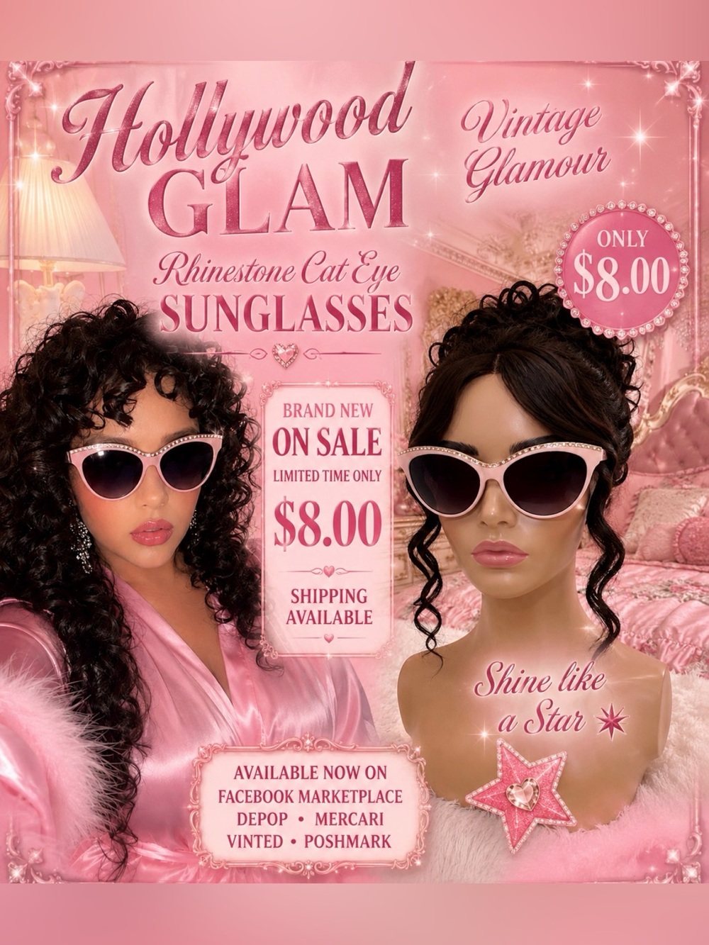 Pink Rhinestone Cat Eye Sunglasses new